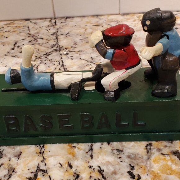 Cast Iron Baseball Mechnical Coin Bank VTG 'SAFE Base Slide ' Collectible VIDEO - Picture 6 of 10